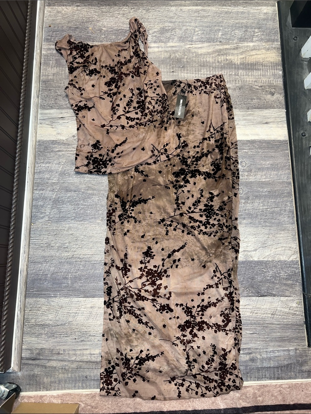Velvet Burnout Floral Two-Piece Dress in Taupe and Black